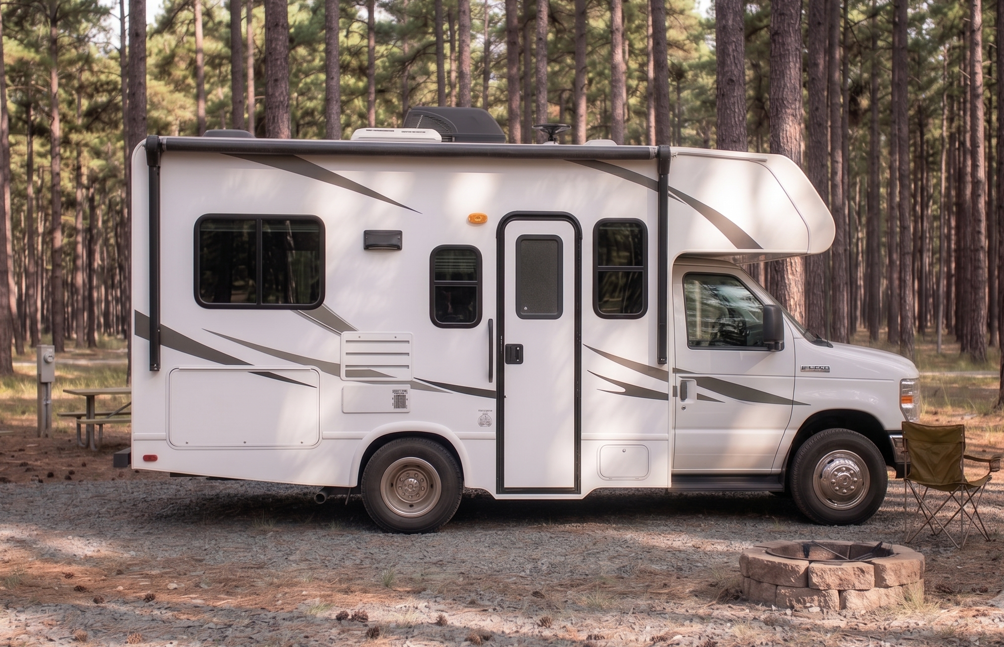 RV camper with keypad door lock at a campsite